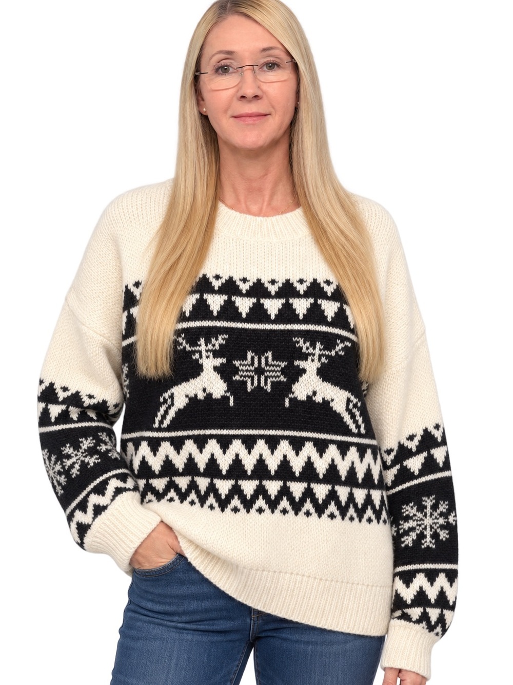 Women’s Large Cream & Black Nordic Reindeer Fair Isle Pullover Sweater